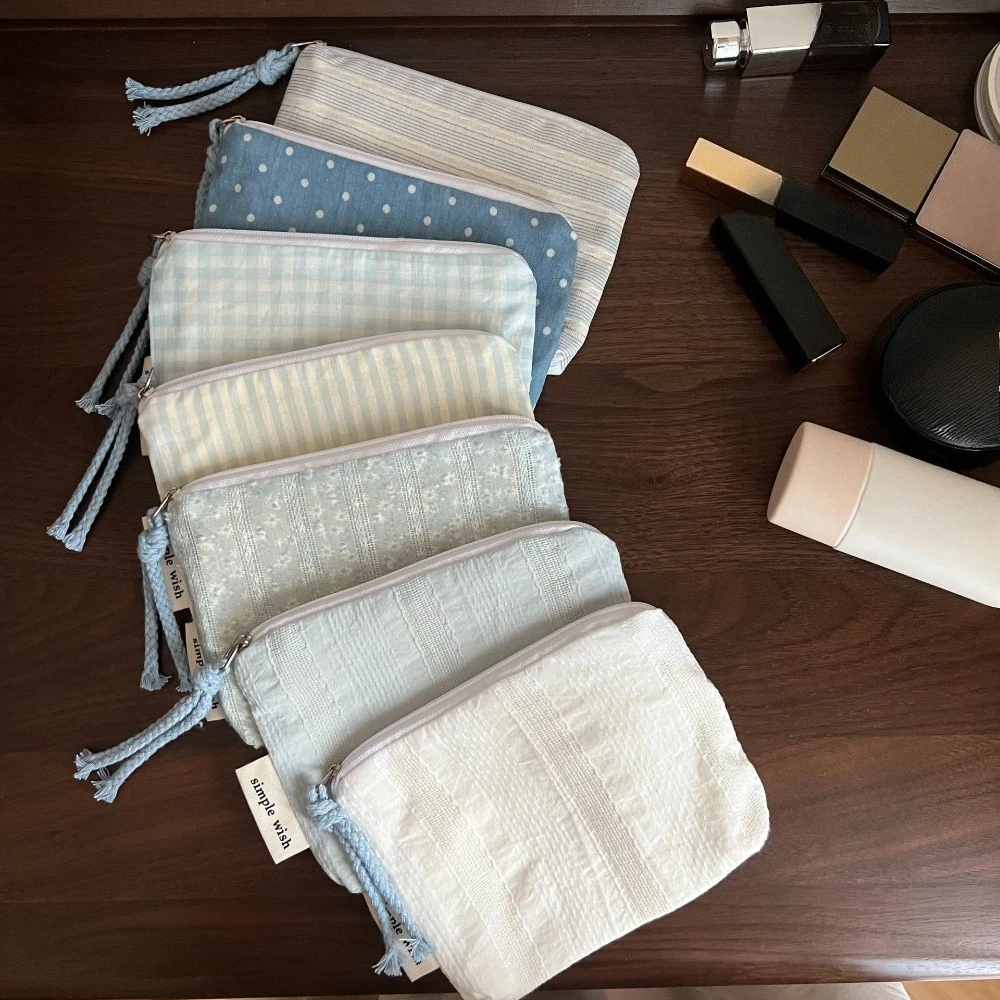 New Blue Striped Plaid Cotton Makeup Bag Portable Women Cosmetic Organizer Cute Mini Lipstick Storage Coin Purse