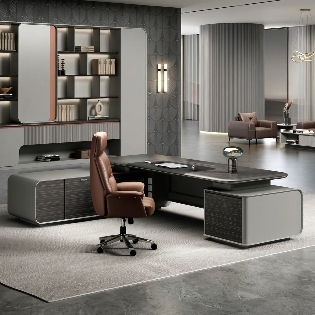 Custom Size Wooden Office Desk Luxury Modern Office Desk High End Boss Desk With LED Strip & Drawer Password Lock