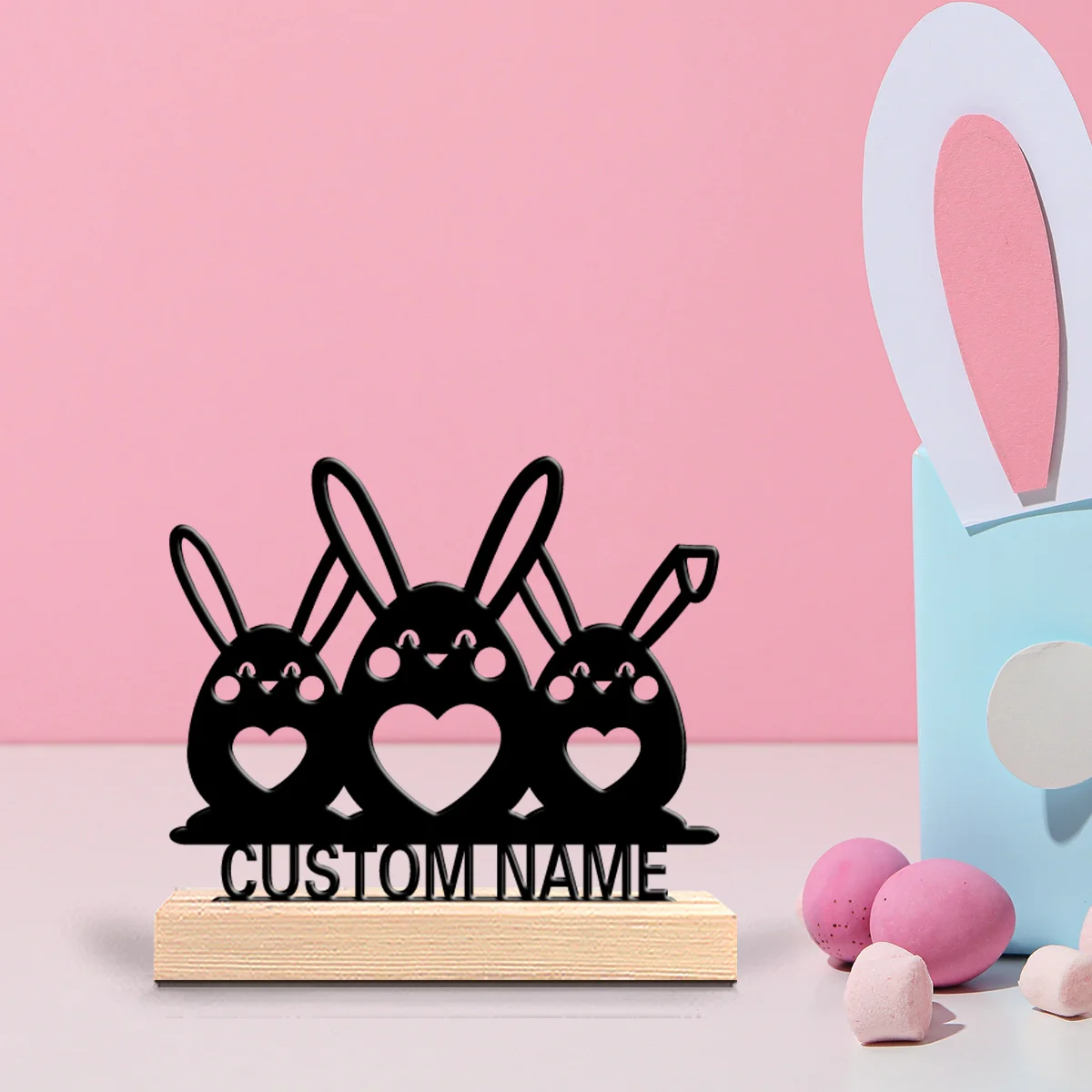1pc Cute Personalized Custom rabbit Metal Statues Wooden Base Wall Decor for Living Room Garage Modern Industrial Style