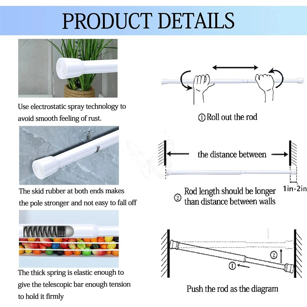 Spring Tension Curtain Rods Durable Adjustable Length Hanging Extendable Telescopic Poles for Bathroom Kitchen Cupboard No Drill view 6