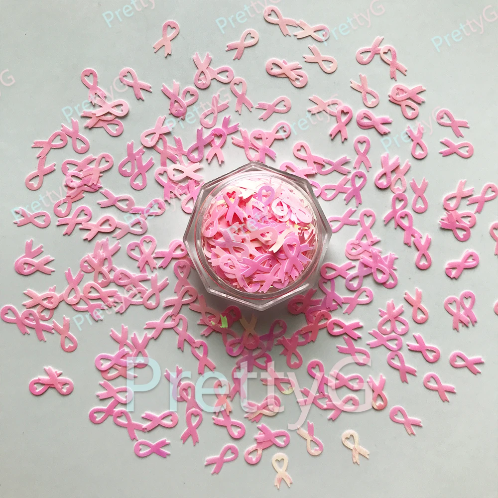 PrettyG 1 Box Pink Cancer Ribbon Glitter Shape 8MM Ribbon Bow Tie Glitter For Resin DIY Nails Art Decorations Accessories