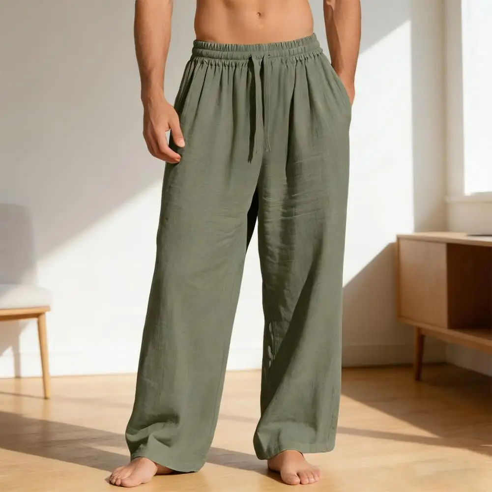 

Men's Linen Pants Straight Leg Elastic Waist Drawstring Lightweight Trousers Casual Summer Beach Long Pants with Pockets