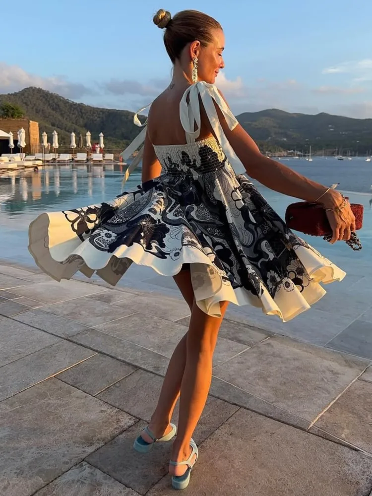 Été couverture Ups femmes maillot de bain Spaghetti sangle Robes maillot de bain 2026 nouvelle fleur imprimé plage vacances Mini Robes couverture