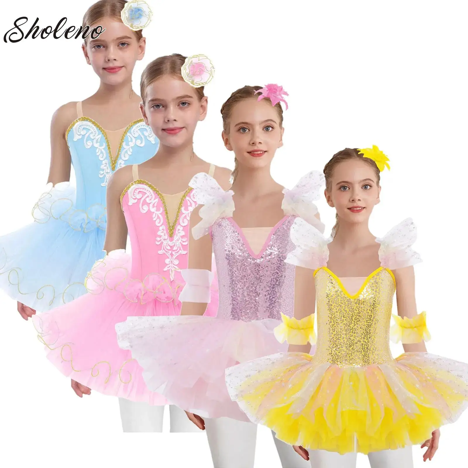 

Kids Ballet Dress Ruffled Sleeves Girls Children Sequined Princess Dress Ballet Tutu Dance Clothes Stage Performance Tutu Skirts