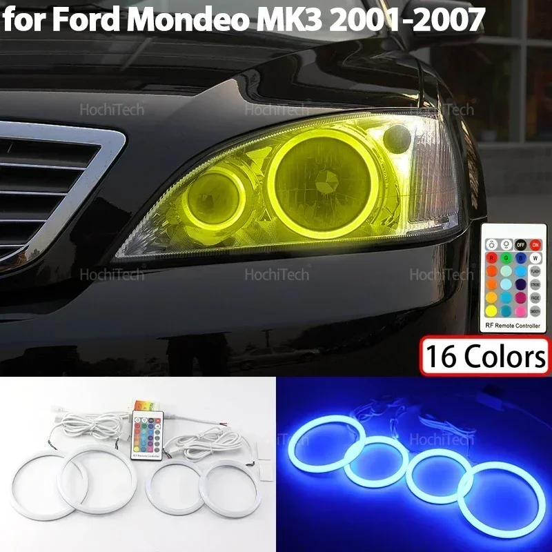 Car Headlight Accessories for Ford Mondeo MK3 2001-2007 High Quality Super Bright 16-Color RGB Cotton Light Rings Led Angel Eyes