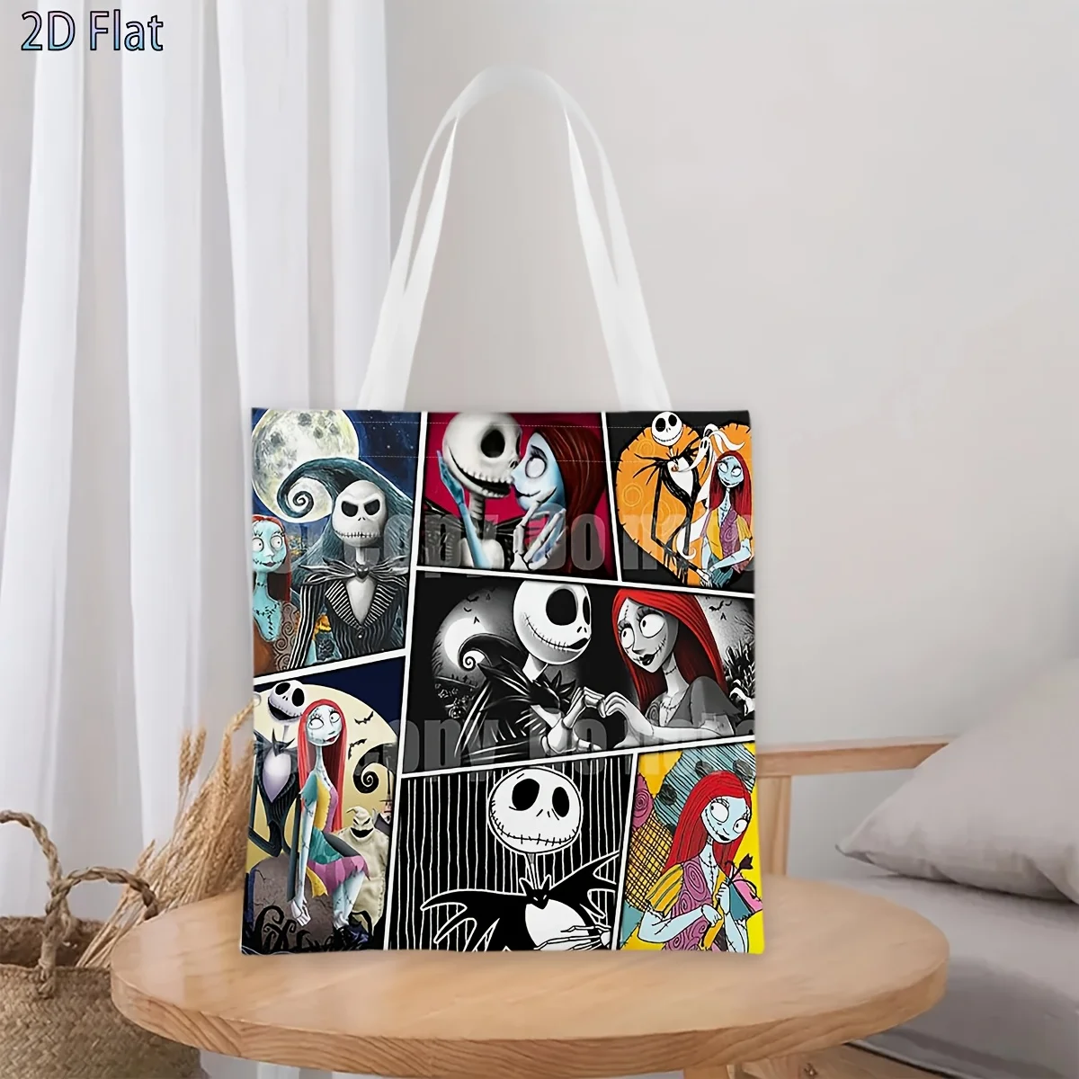 1 bolsa de compras reutilizable con estampado de panel de cómic de Jack y Sally, adecuada para uso diario, compras, viajes, escuela