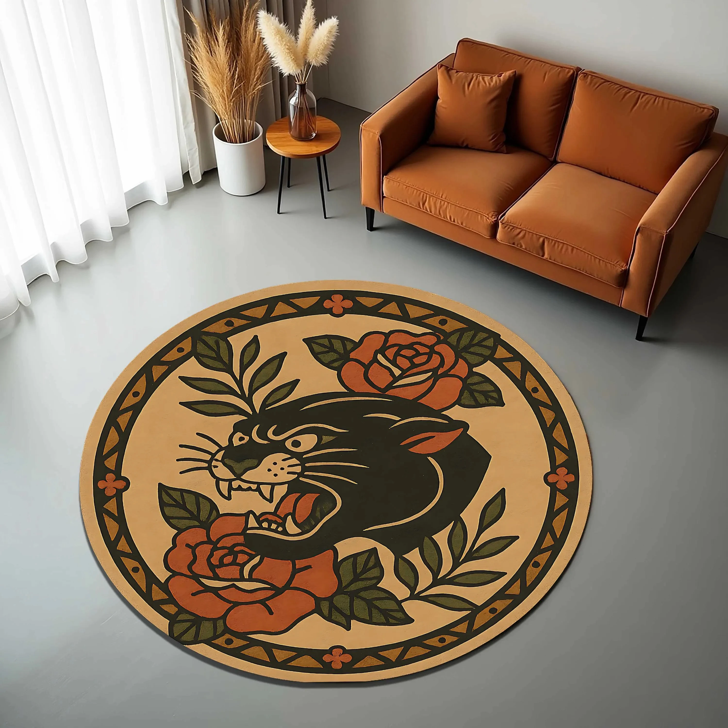 1pc Retro Style Leopard Tattoo Pattern Round Rug, Non-slip Floor Mat for Living Room, Bedroom, Bathroom, Holiday Home Decoration