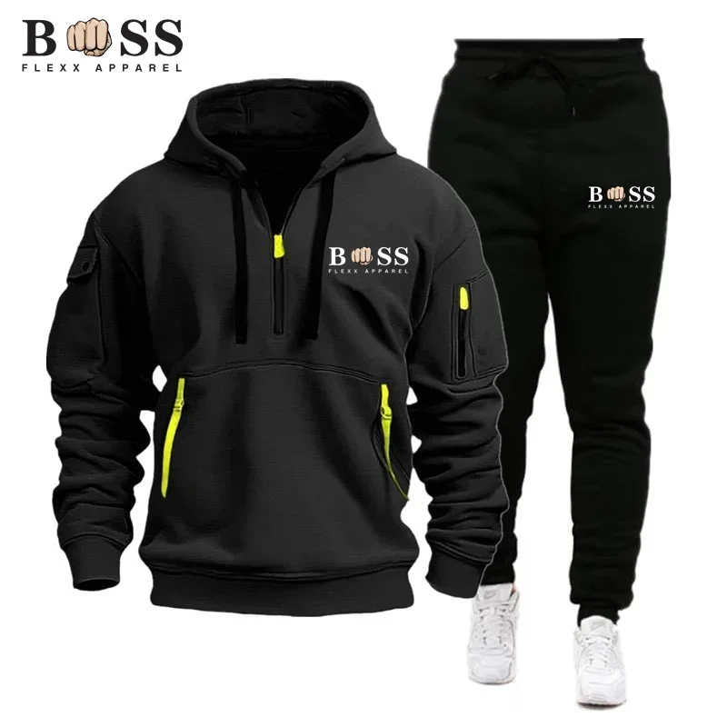 New Men\'s zipper jacket, hooded sweater, sports pants, casual running sportswear, 2-piece Men\'s streetwear set2024