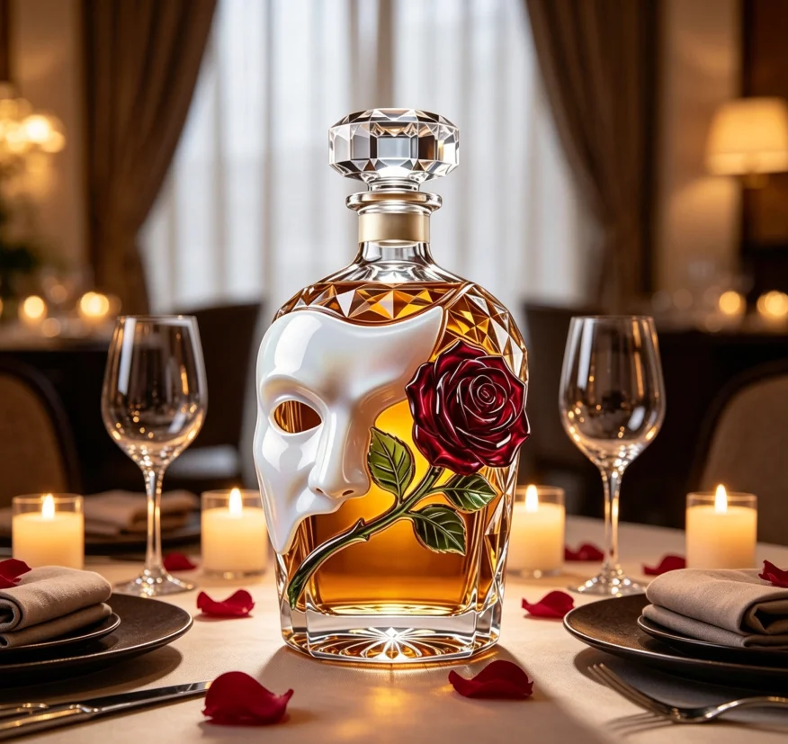 Carafe en cristal avec motif artistique émail rose masque, carafe à liqueur de luxe en verre transparent pour whisky, brandy, vin, bar à domicile haut de gamme