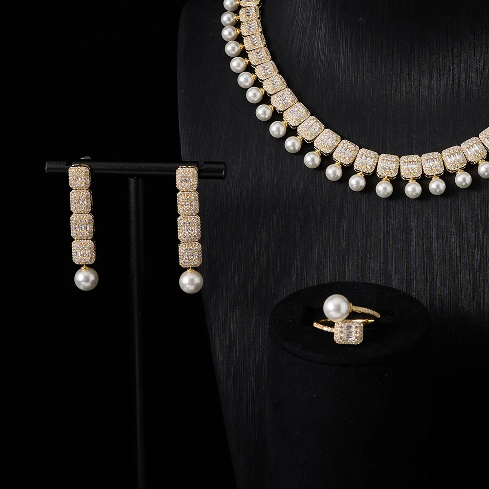 00040 Pearl Necklace Jewelry Sets for Women Cubic Zirconia Necklace Set Party Engagement Dress Suits  Dubai  Jewelry Dubai