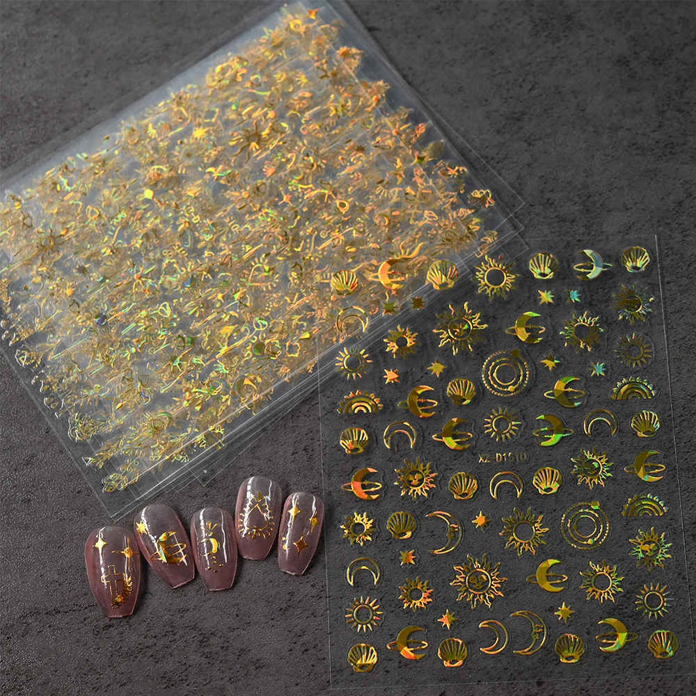 12 pz/set 3D Argento Laser Sole/Stella Luna Adesivo Per Unghie Olografico Abbronzante Foglia di Rosa Decalcomania Del Chiodo Adesivo Unghie Artistiche Decora 8*10 cm