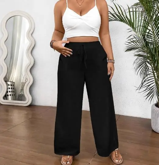 Letnie, luźne spodnie z szerokimi nogawkami w jednolitym kolorze dla kobiet, codzienne spodnie z wysokim stanem, sznurowane, z kieszeniami, w jednolitym kolorze, z szerokimi nogawkami.