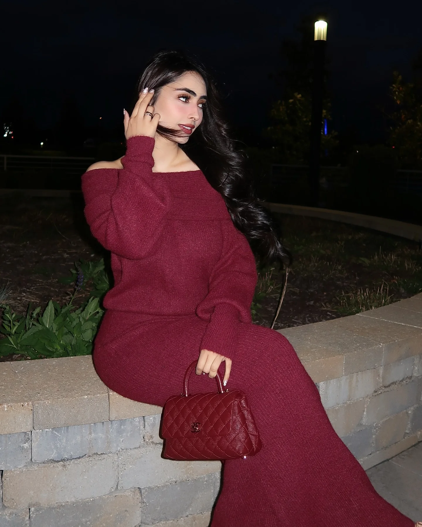 Women Burgundy Knitted Long Sweater Fashion Off-the-shoulder Pullover Long Dress Fall Winter Female Party Commuter Outfit