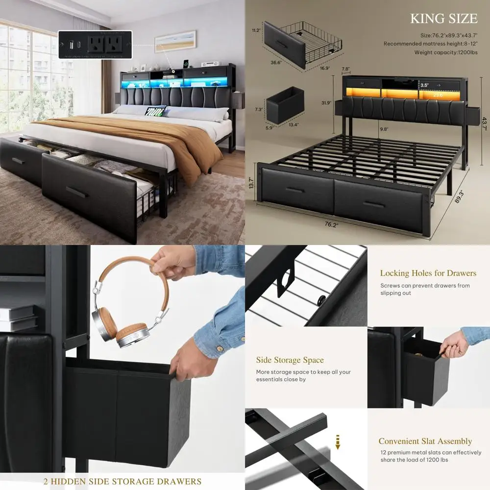 

King Size Upholstered Bed Frame with Storage Drawers and Charging Station, Platform Bed with Storage Headboard and Large Space