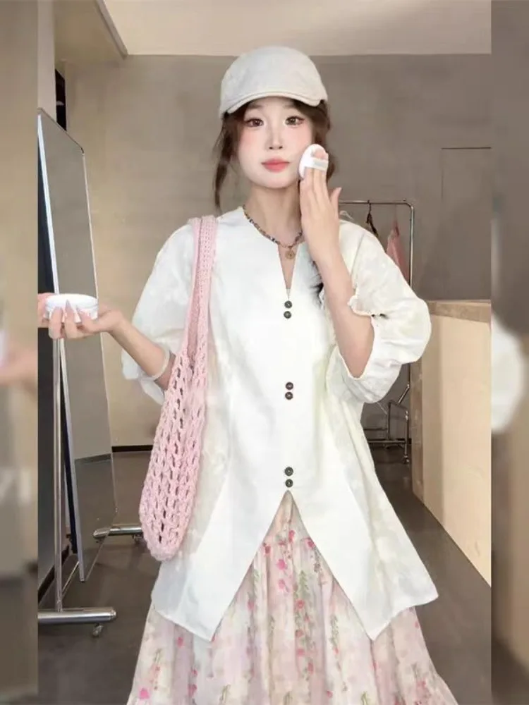 Novo chinês sle floral impressão blusa feminina rosa verão irt vintage faion svel redondo ne algodão casual topo