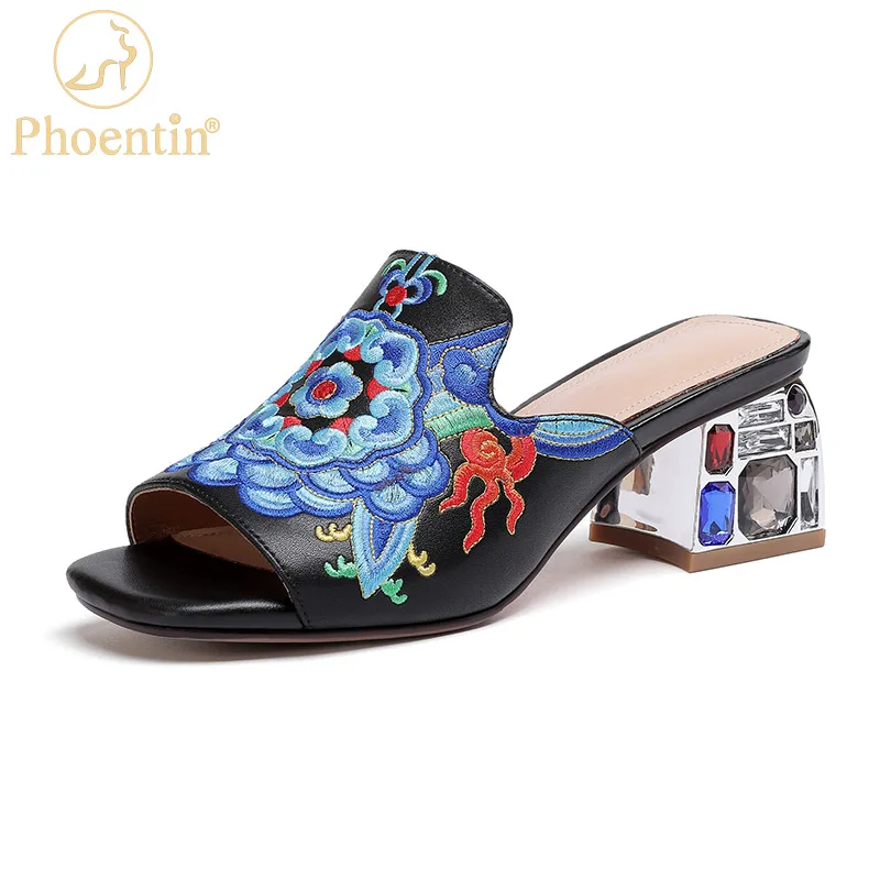 Phoentin Genuine Leather outdoor slipers Crystal mid heel Summer Women high Quality Elegant Embroider Sandal plus size 43 FT2114