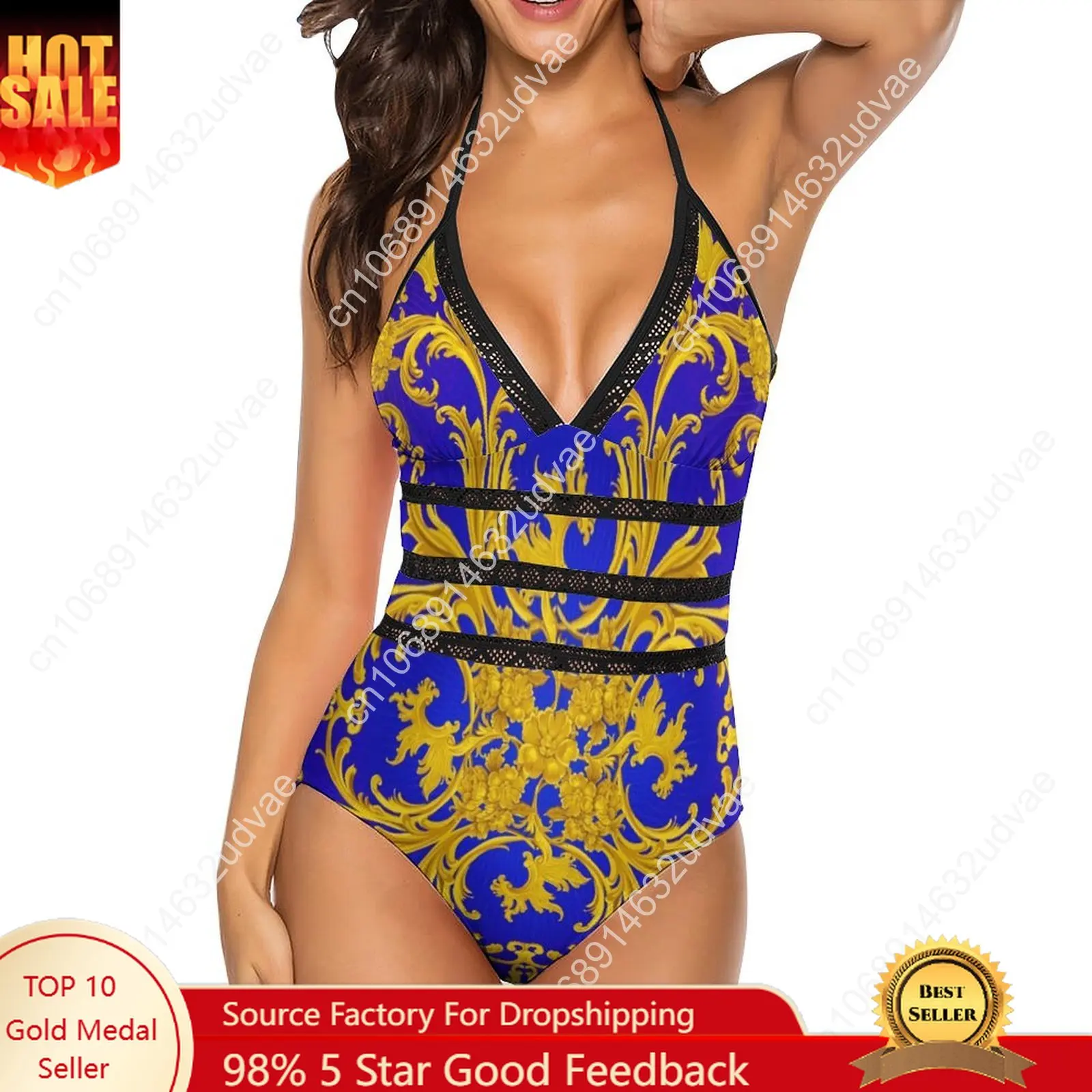 

Baroque Floral Swimsuit Sexy Blue and Gold Hollow Out Swimwear One-Piece Trendy Swimsuits Rave Push Up Bathing Suits