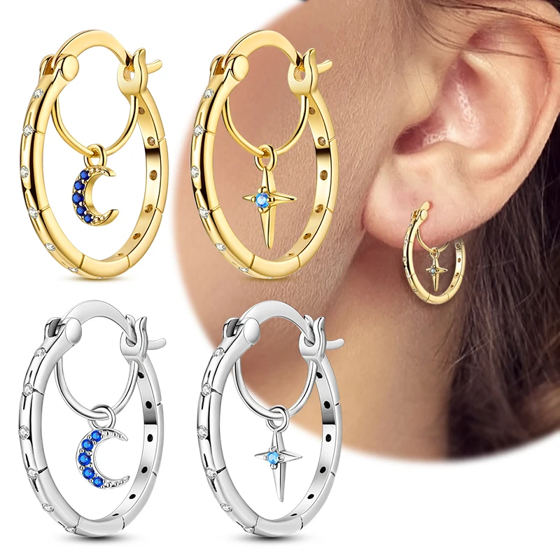 

New in 925 Sterling Silver Star Moon Hang Earrings for Women Girl Ear Studs Fine Jewelry Fashion Luxury Anniversary