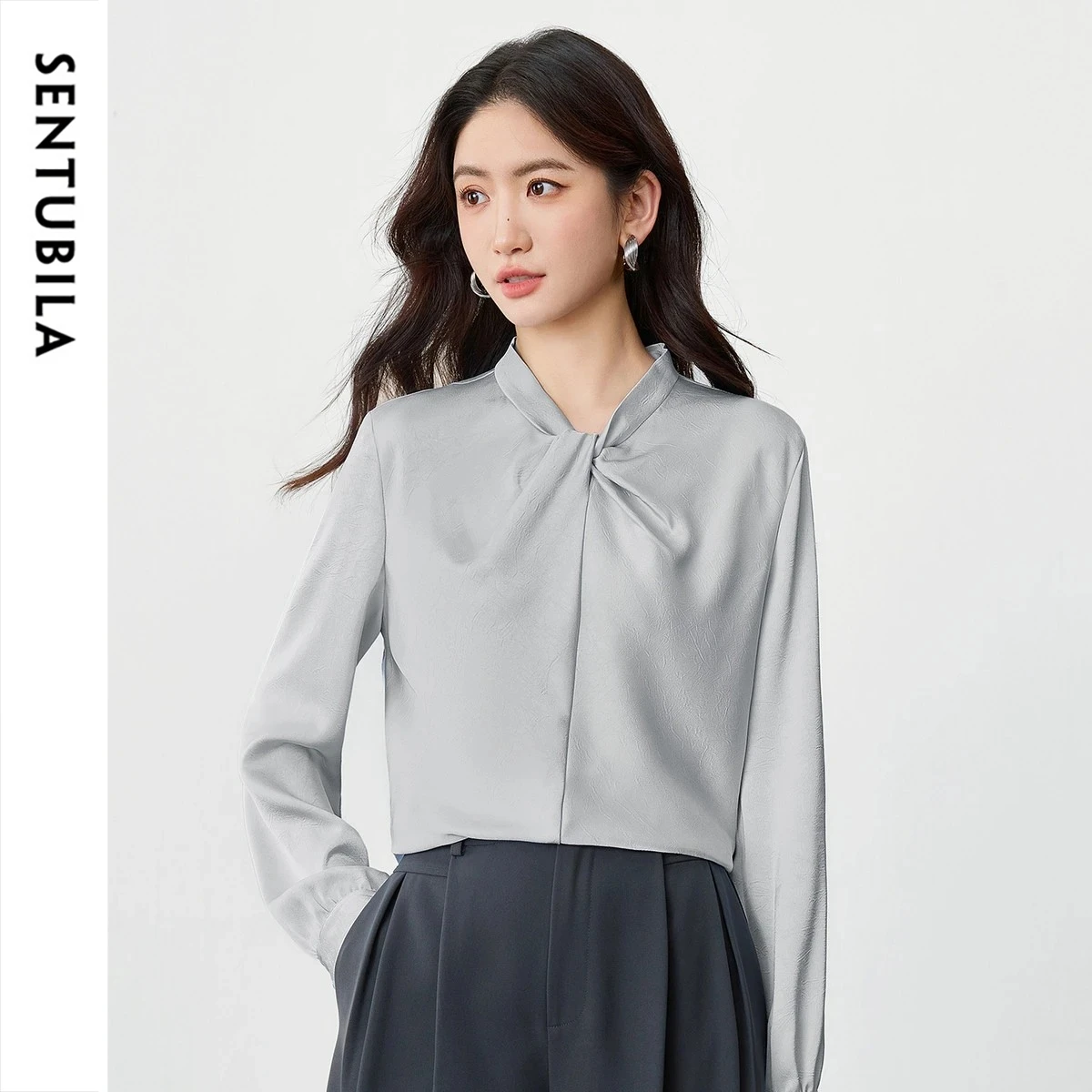 

SENTUBILA Satin Chiffon Woman Blouses 2026 Spring Summer Stand Collar Fashion Bow Twist Detail Long Sleeve Shirt 161VA6509X