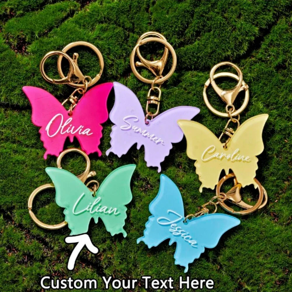 

Customized Acrylic Keychain With Butterfly Personalized 3D Name Tag Transparent Fashion Backpack Phone Key Pendant Jewelry Women
