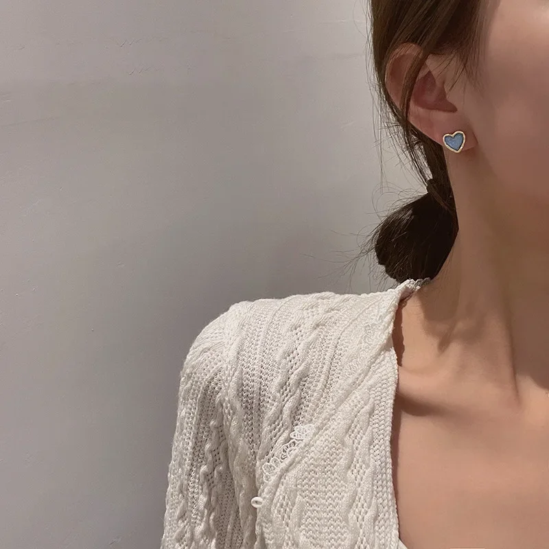 قرط مرصع بقلب أزرق لامع صغير للنساء ، على الطراز الكوري ، مجوهرات هندسية ، هدية فتاة الزفاف Brincos ، موضة #6