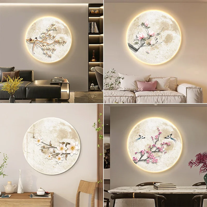 Beautiful Flower Full Moon LED Atmosphere Light - Living Room Decorative Painting Wall Art with Night Light Lighting Function