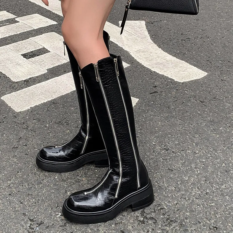 Fashion Zipper Trendy Knight Boots Women Shoes Genuine Leather Knee-high Riding Boots Thick-heel Casual Height-increasing