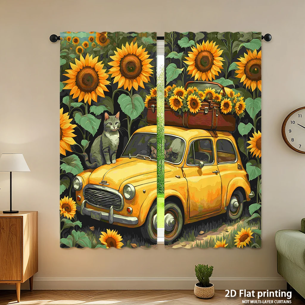 مجموعة مكونة من قطعتين من ستائر مطبوعة رقمية عالية الوضوح عباد الشمس الصفراء لوحة زيتية للقطط على طراز ديكور المنزل
