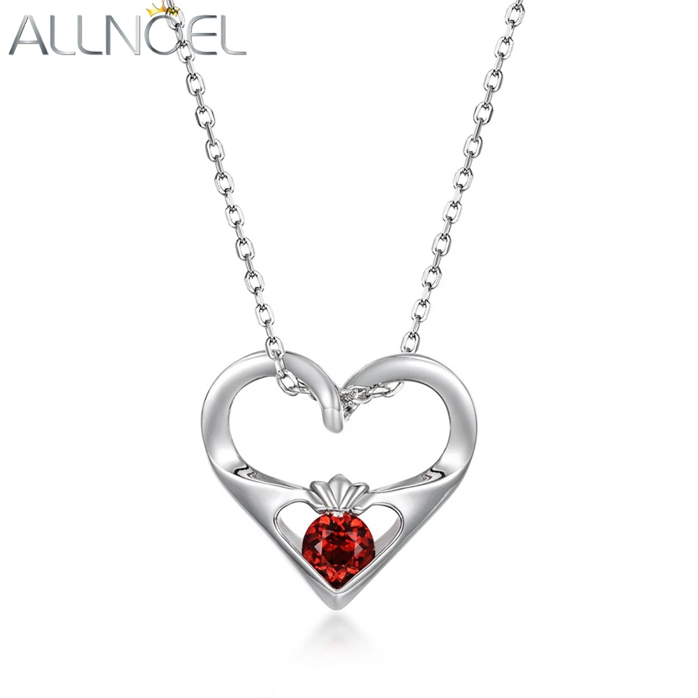 ALLNOEL Real 925 Silver Pendant Necklace For Women 4*4mm Garnet Heart Shape Elegant Wedding Anniversary Party Gifts Fine Jewelry