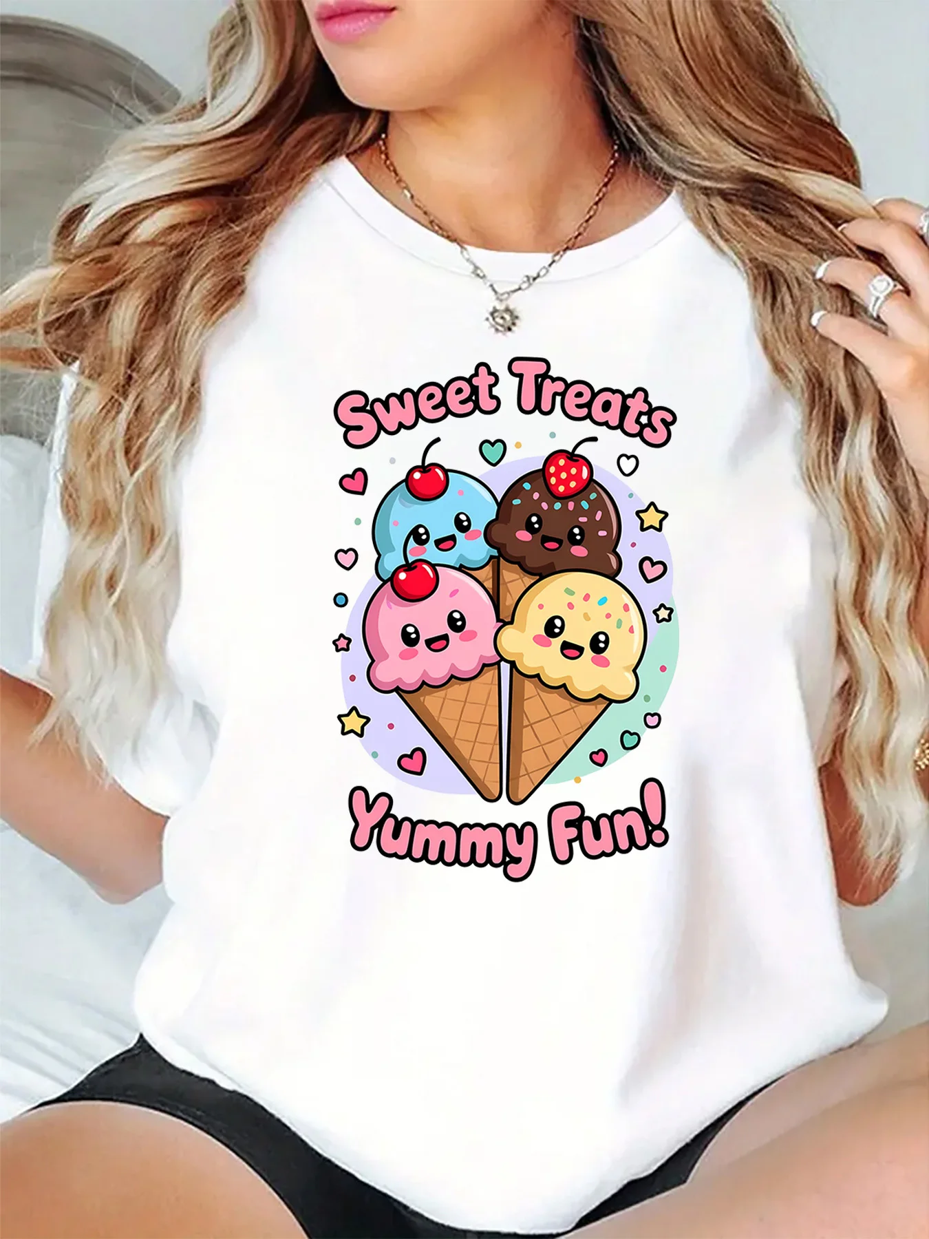 Cute Sweet Treats Yummy Fun Ice Cream Cone Heart Star Art Print Graphic Ladies T Shirt Short Sleeve Crew Neck Casual Tee Tops