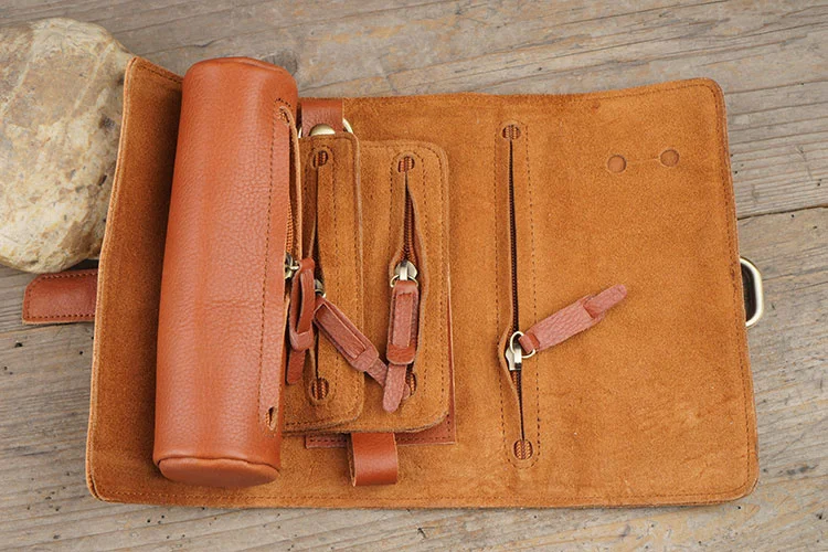 Genuine Leather Pencil Case For Female Cowhide Handcrafted Multifunctional Large Pen Bag, Pencil Bag