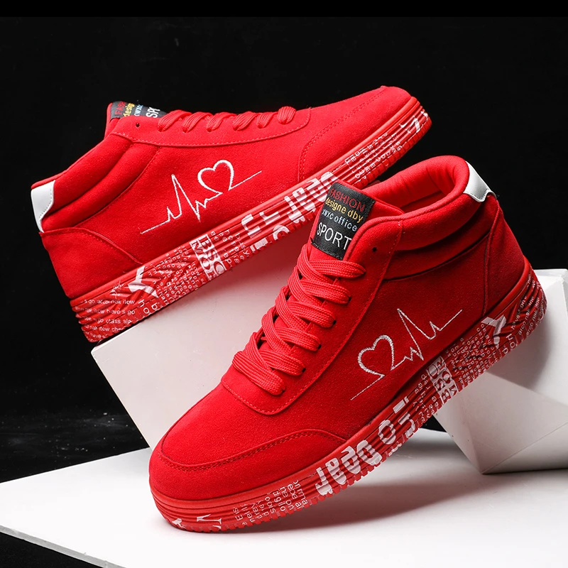 Men's Casual Shoes Red Bottom Sneakers Heart-shaped Print High Top Comfortable Flat Spring Autumn Lover Shoes Women 2020 Shoes