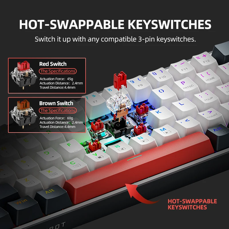Thunderobot K63 Tastiera meccanica cablata Layout ANSI con tasto Arrow Tastiera da gioco al 60% 63 tasti sostituibili a caldo