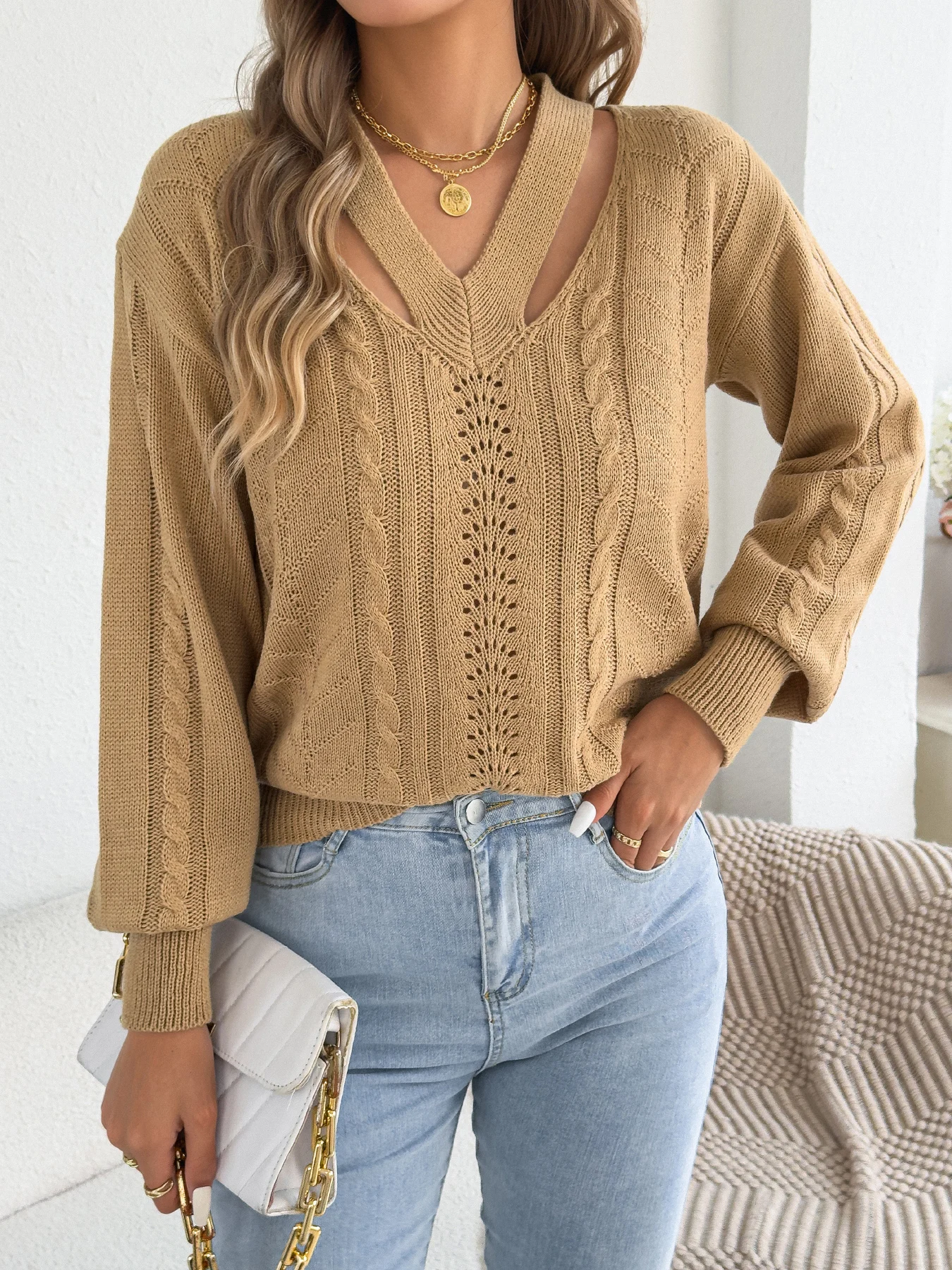 Pull tricoté torsadé ajouré pour femme, couleur unie, col en V, lanterne, manches longues, vêtements décontractés, automne hiver 2025