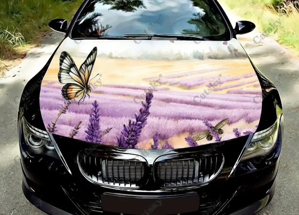 Flying Butterflies in Lavender Field Car Hood Vinyl Sticker Wrap Film Engine Cover Decal on  Auto Accessories Decoration Protect