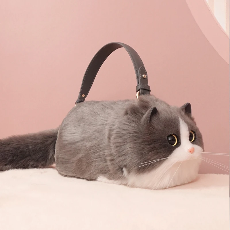 Saco de gato feito à mão de alta qualidade cinza e branco saco de gato de pelúcia grande capacidade bolsa cross-corpo disponível para bolsa feminina