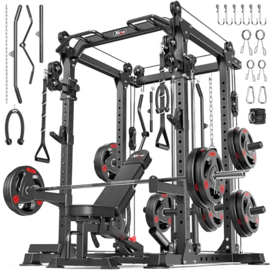 Garage home gym power rack: steel, black, multi-function squat cage with cable crossover system and selectable training attachm