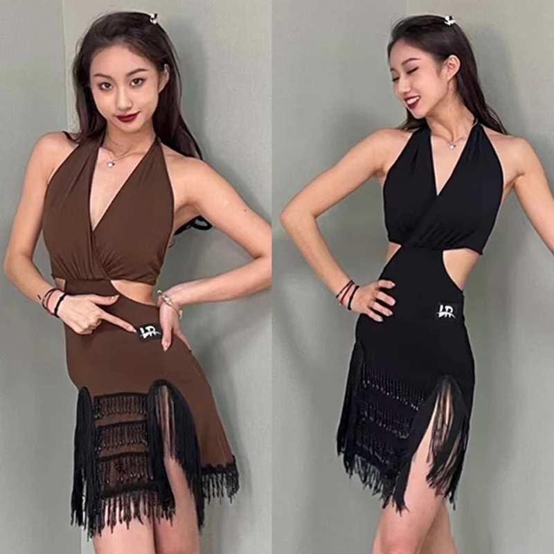 New Latin Dance Dress Women V Neck Fringe Dress Adult Summer Rumba Samba Dance Clothing Latin Practice Wear Sexy Dress DNV20836