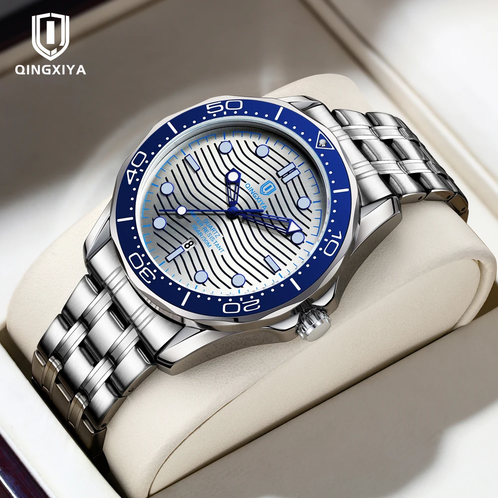 

QINGXIYA Роскошные деловые мужские кварцевые часы с вращающимся светящимся безелем и датой, часы из нержавеющей стали, водонепроницаемые модные мужские наручные часы