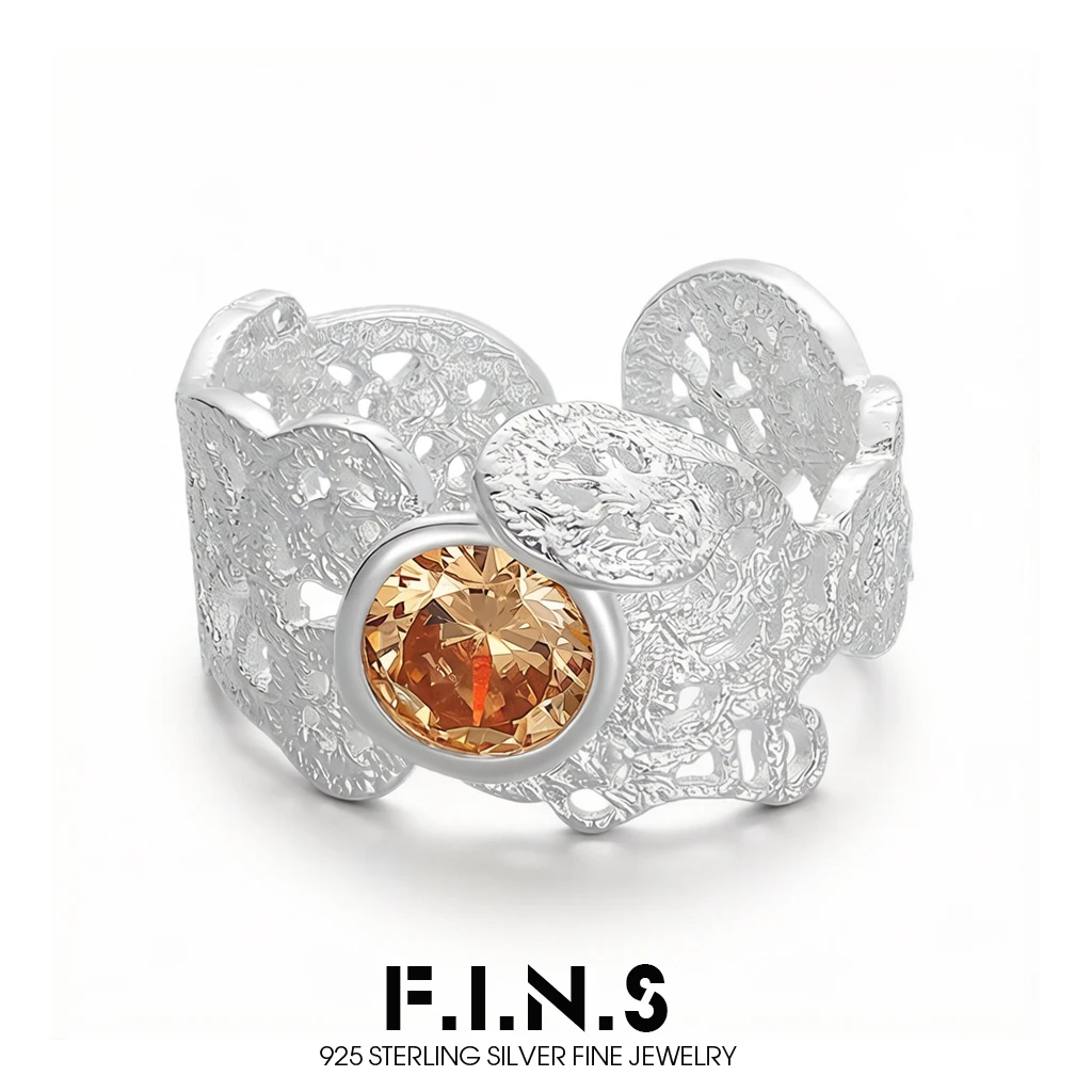 

F.I.N.S Original Elegant 925 Pure Sterling Silver Champagne Zircon Ring For Women Texture Hollowed Open Adjustable Finger Jewels
