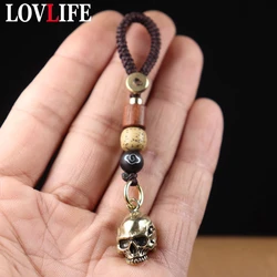 Brass Punk Skull Head Lanyard Keychain Hanging Vintage Motorcycle Car Key Chain Ring Pendant Jewelry Metal Skeleton Rope Keyring