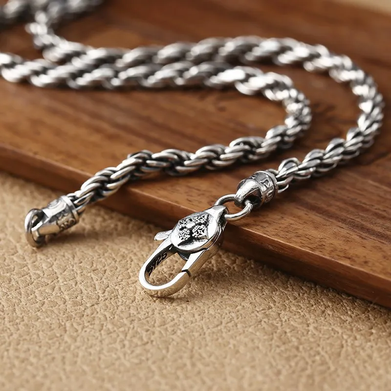 

S925 sterling silver jewelry Vintage six-character mantra Vajra pestle with pendant chain Thai silver hemp rope necklace for men