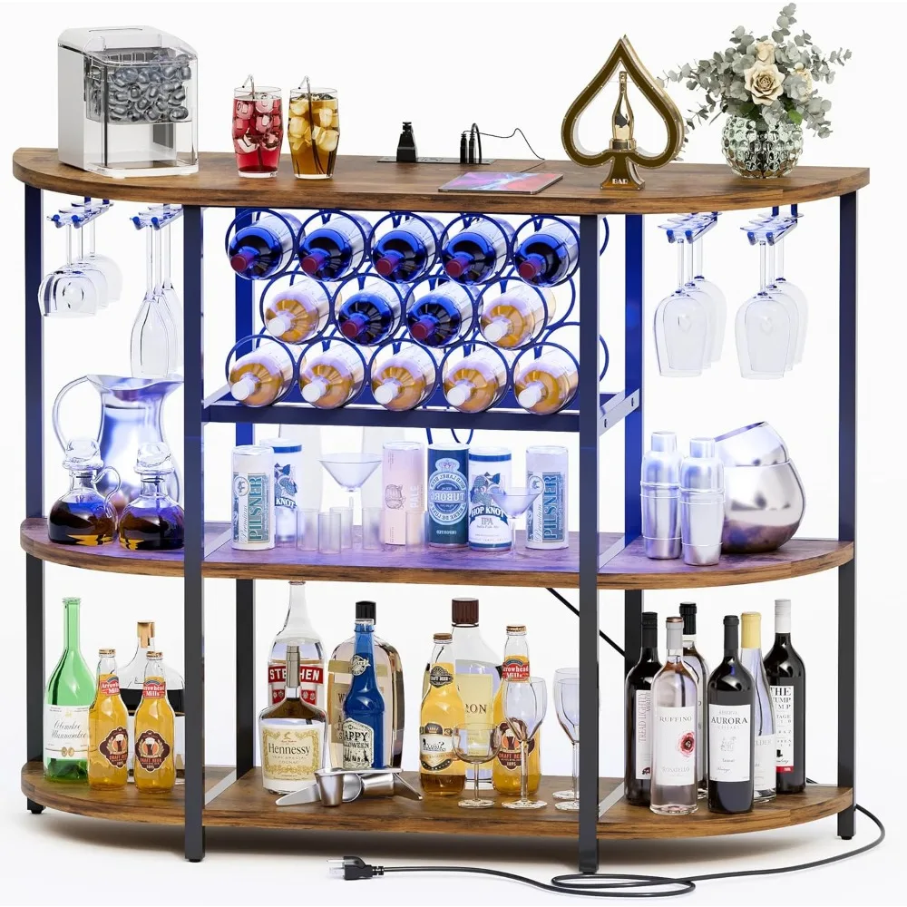 

Wine Bar Cabinet for Liquor Bar Table Bar Cabinet with Lights and Outlet 4-Tier Storage Freestanding Wine Racks with Glass Hold