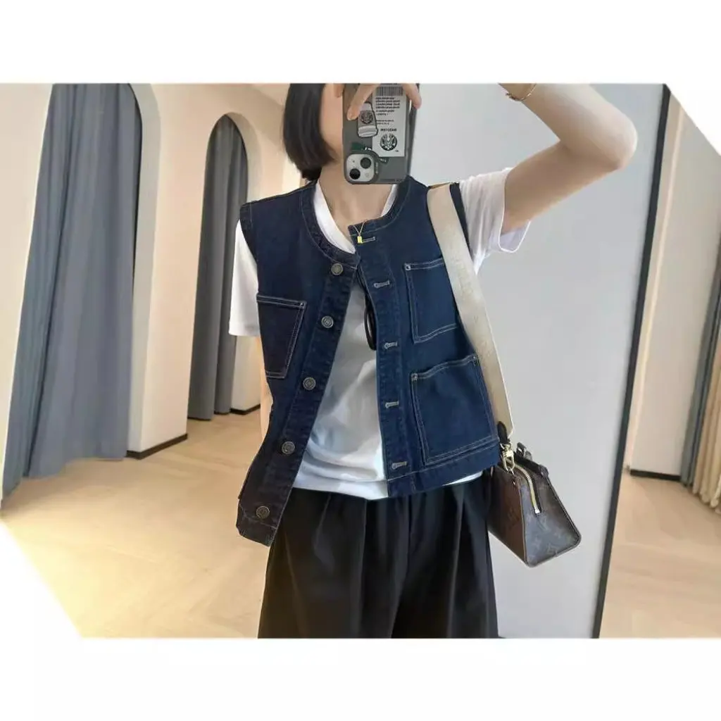 

WTHEONE Fashionable Retro Dark Blue round Neck Short Denim Vest Sleeveless Jacket Women's Stacked All-match Top