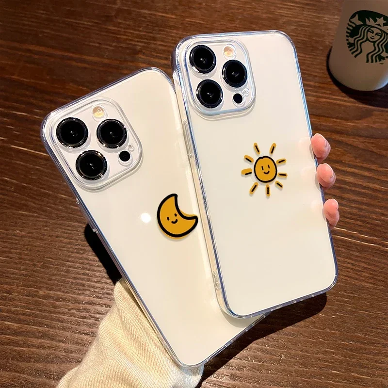 Simple Sun Moon Couple Phone Case for iPhone 16 14 15 13 12 11 Pro Max Mini 7 8 15 Plus SE Clear Paried Soft Covers Fundas Skin