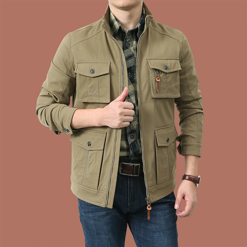 

Retro Khaki American Sle Men's Jaet Midlife Dad Windproof Stand Collar Workwear Casual Sports Outerwear Stand Fit Long...