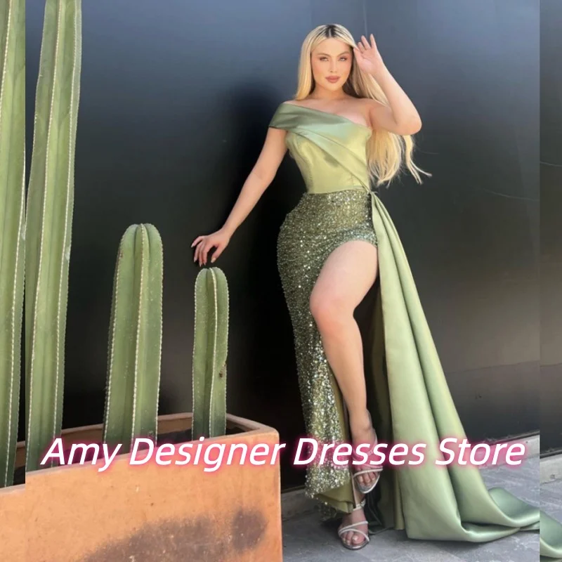 

Light Green One Shoulder Evening Dress For Females Sparkle Beaded Sequin Mermaid Prom Dresses High Split Party Gowns Customized
