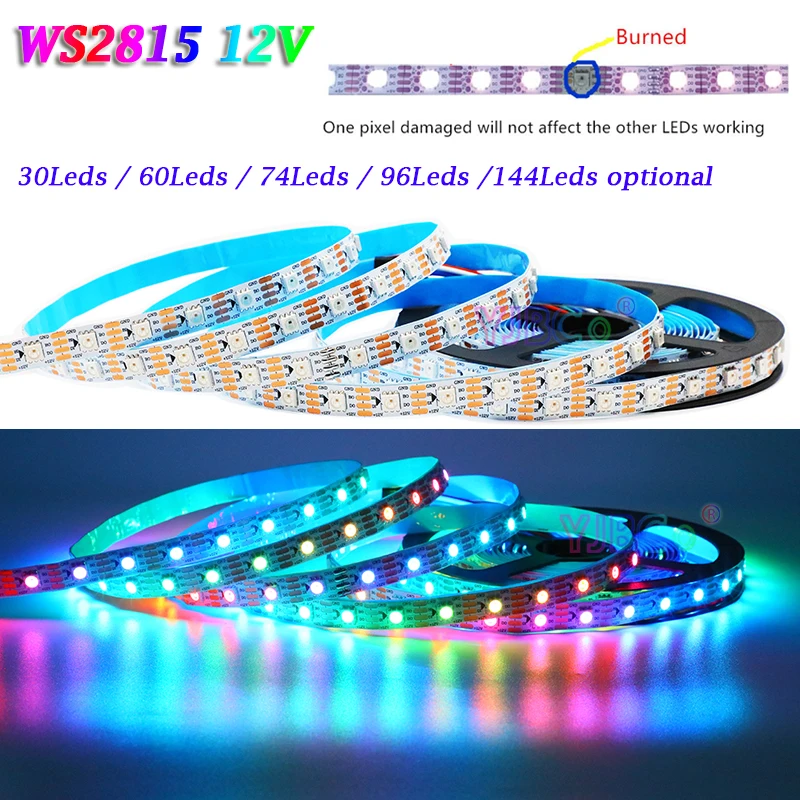 12V WS2815 LED Strip tape addressable 5050 RGB Tape pixel full Color Light 30/60/74/96/144 leds/m WS2812 IC Magic bar IP30/65/67