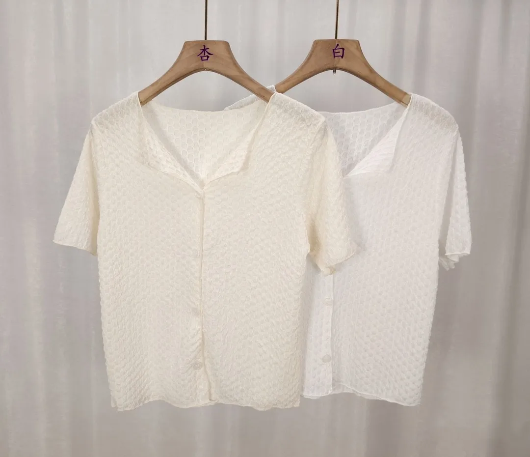 Camicia francese in Chiffon da donna con risvolto manica corta con scollo a v Top