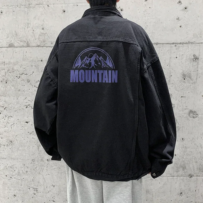 

Men's Vintage Denim Jacket Autumn Man Oversize Coat Mountain Print Casual Wear 5XL Jean Jacket Cotton Men's Clothing Outerwear